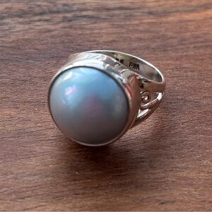 Large Sterling Silver peacock blue Mabe Pearl Ring Sz 7